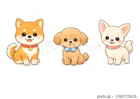 かわいい子犬3匹セットイラスト｜柴犬・トイプードル・チワワ（ゆるかわ・手描き風） 136572629