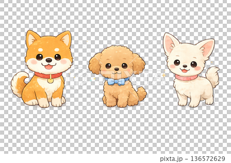 かわいい子犬3匹セットイラスト｜柴犬・トイプードル・チワワ（ゆるかわ・手描き風） 136572629