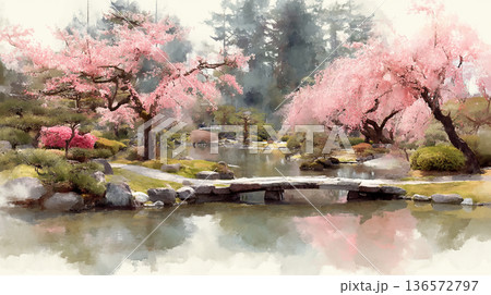 池に橋がかかった日本庭園にある桜のイラスト 136572797