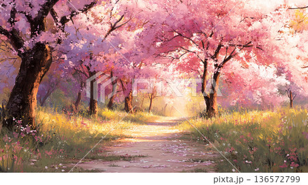 満開の桜が咲く並木道の背景のイラスト 136572799