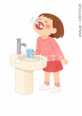 洗面台でうがいをしている女の子のイラスト 洗面台でうがいをしている女の子のイラスト 136573128