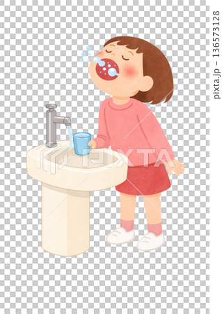 洗面台でうがいをしている女の子のイラスト 136573128