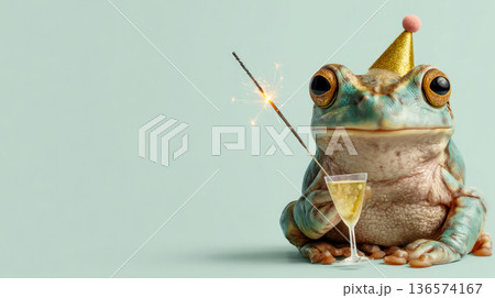 Happy New Year celebration frog with champagne glass and sparkler. 136574167