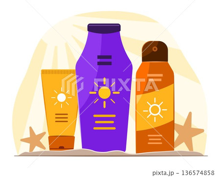 Sunscreen Lotion Bottles and Cream Tube for Skin Treatment and Skincare Cosmetics Product Concept Illustration Clip Art 136574858