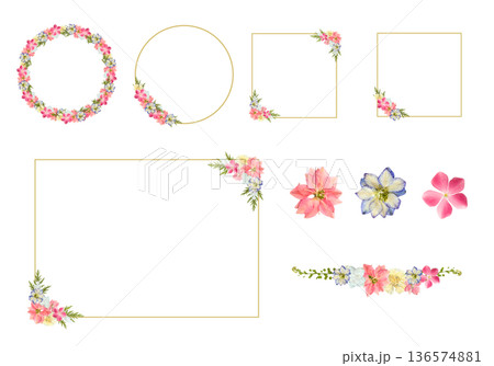 押し花フレームセット ピンク ゴールドライン PNG透過素材 春の装飾枠・円形・正方形 136574881