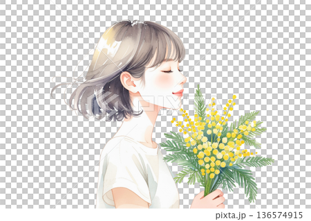 水彩插畫，描繪了一位手捧含羞草花束的女子。 136574915