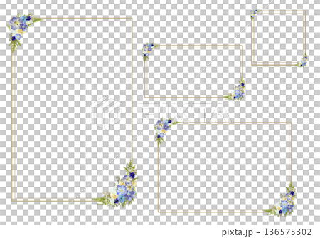 押し花風ブルーフラワーフレーム サイズバリエーションセット（A4縦・A4横・正方形・16:9）PNG 136575302