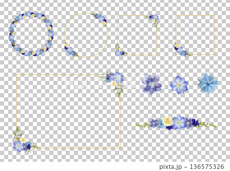 押し花風ブルーフラワーフレームセット PNG透過素材（円形・正方形・ゴールド枠・装飾パーツ） 136575326