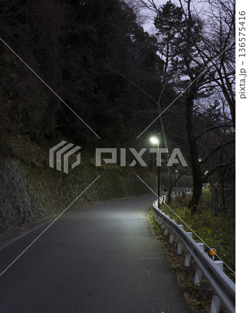 道路灯が点灯している薄暗い山道 136575416