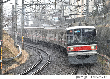 雪の舞う中を走る東急3000系電車 雪の舞う中を走る東急3000系電車 136575716
