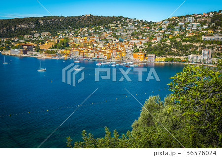 Anchored boats in the bay of Villefranche sur Mer, France 136576024
