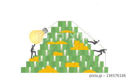 Business teamwork pulling giant lightbulb over massive stack of banknotes and coins. Concept of creative financial strategy, money-making ideas, and wealth management 136576186