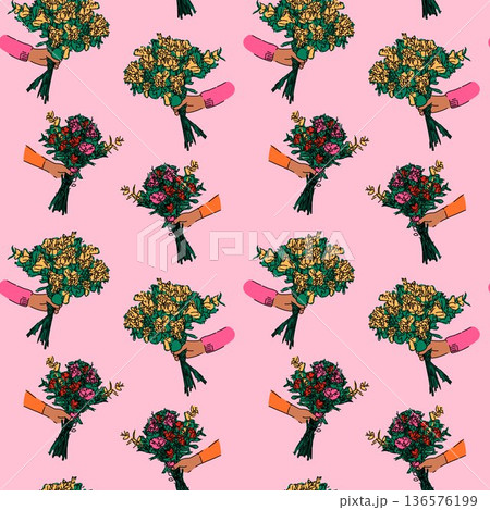 Seamless Pattern with Hands Holding Flower Bouquets Seamless Pattern with Hands Holding Flower Bouquets 136576199