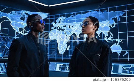 未来の管制室でグローバルネットワーク運用を監視する、ハイテクな多人種セキュリティチーム 136576209