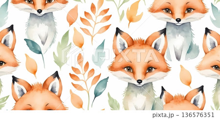 Watercolor cute fox seamless pattern with leaves for wrapping paper and fabric design 136576351