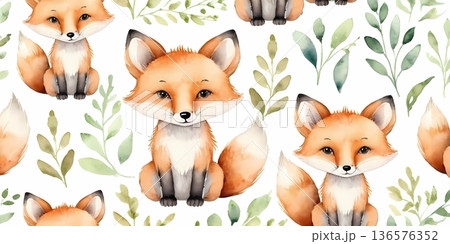 Watercolor cute fox seamless pattern with leaves for wrapping paper and fabric design 136576352
