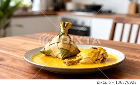 Indonesian Opor Ayam (chicken curry) with yellow sauce served alongside a woven ketupat rice dumpling on a rustic plate, placed on a wooden table in a bright kitchen. 136576928