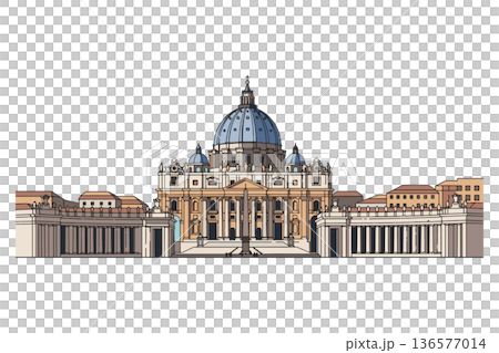 A detailed vector illustration of St. Peter's Basilica and Saint Peter's Square in Vatican City, showcasing classic European religious architecture and iconic historical landmark 136577014
