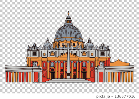 A detailed vector illustration of St. Peter's Basilica and Saint Peter's Square in Vatican City, showcasing classic European religious architecture and iconic historical landmark A detailed vector illustration of St. Peter's Basilica and Saint Peter's Square in Vatican City, showcasing classic European religious architecture and iconic historical landmark 136577016