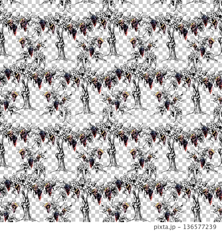 Seamless pattern with grape clusters on leafy vine trunk hand drawn in ink and watercolor. Packaging, menus, wrapping paper, textile prints, organic branding, blog graphics, culinary editorial design. 136577239