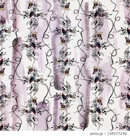 Vineyard rows of grapes and leaves on vine base. Seamless pattern hand drawn in ink, watercolor for wrapping, stationery, eco product labels, wallpaper, interior decor and natural lifestyle visuals. 136577240