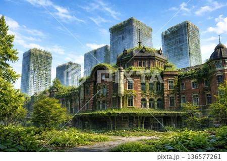 人類滅亡後、22世紀の未来写真　東京駅丸の内口の駅舎（現在の写真をもとにAIで加工） 136577261