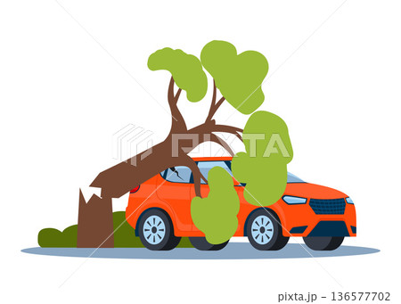 Broken tree fell on car. Crashed automobile with broken roof. Damaged transport. Natural disaster. Vector illustration. Broken tree fell on car. Crashed automobile with broken roof. Damaged transport. Natural disaster. Vector illustration. 136577702