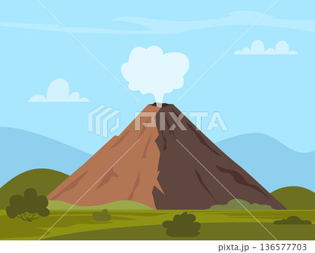 Erupting volcano. Natural volcanic activity. Volcanoes hot lava eruption. Mountains rocky hills with green grass. A volcano erupts with a plume of ash and flowing lava. Vector illustration 136577703