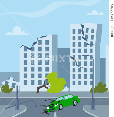 Depicting an earthquake and the destruction caused by it. Gloomy, destroyed city and buildings after the earthquake. Cracks in the ground and structures. Natural disasters. Vector illustration. 136577705