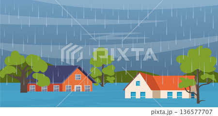 Flooded houses under rain, water reaching the first-floor level. Home submerged in floodwater during storm. Natural disaster and climate change. Vector illustration. Flooded houses under rain, water reaching the first-floor level. Home submerged in floodwater during storm. Natural disaster and climate change. Vector illustration. 136577707