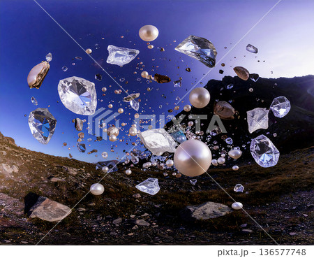 山岳地帯に浮かぶ巨大な真珠とダイヤモンド。大自然と宝石が融合した幻想的なラグジュアリー背景。 136577748