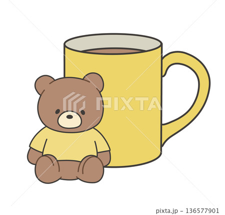 黄色いマグカップとクマのぬいぐるみのイラスト 136577901