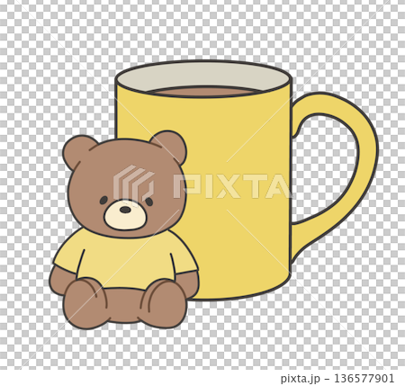 黄色いマグカップとクマのぬいぐるみのイラスト 136577901
