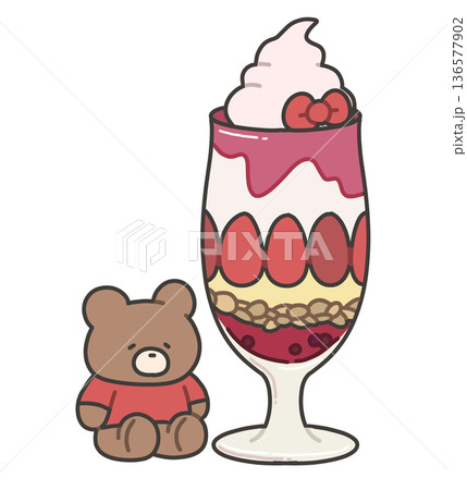 赤色のパフェとクマのぬいぐるみのイラスト 136577902
