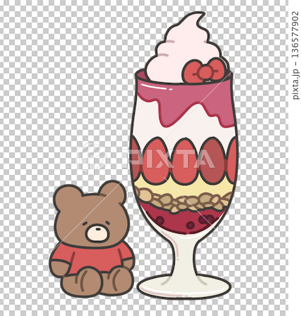赤色のパフェとクマのぬいぐるみのイラスト 136577902