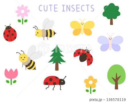 かわいい虫のベクターイラストセット。ミツバチ、テントウムシ、蝶 かわいい虫のベクターイラストセット。ミツバチ、テントウムシ、蝶 136578119