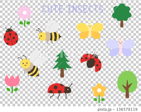 かわいい虫のベクターイラストセット。ミツバチ、テントウムシ、蝶 かわいい虫のベクターイラストセット。ミツバチ、テントウムシ、蝶 136578119