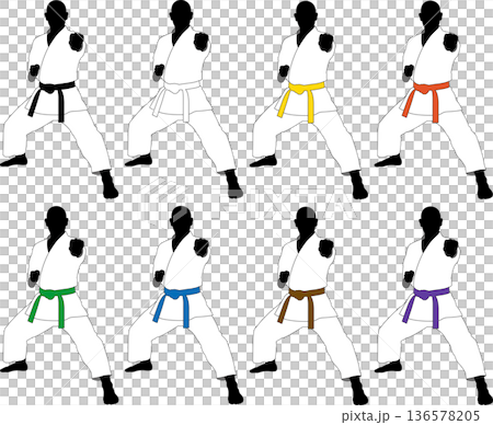 A set of karate practitioners of various belts posing in kata 136578205