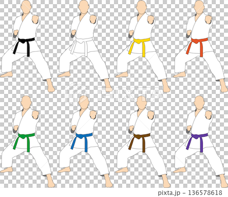 Karate athletes of various belt colors striking poses for kata Karate athletes of various belt colors striking poses for kata 136578618