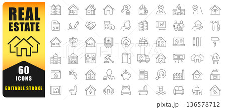 Real Estate Line Icon Set Featuring Property, Home, Sale, Rent, Mortgage, Construction, And Investment Symbols. Perfect For Web, Apps, Marketing, And Real Estate Design Projects. Isolated Vector Icons 136578712