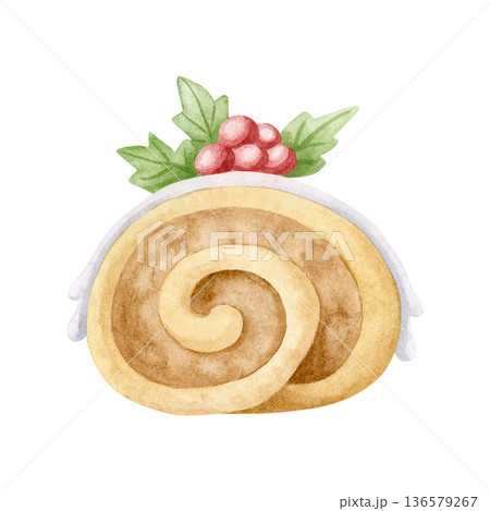 Yule log cake with red berries watercolor isolated illustration. Traditional Christmas dessert for winter holidays decorated with holly. Buche de Noel sweet roulade in pastel colors and simple style 136579267