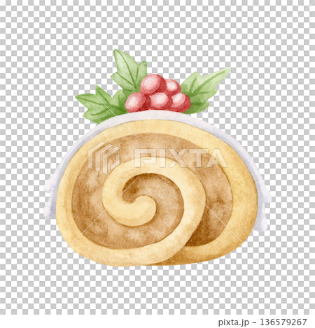 Yule log cake with red berries watercolor isolated illustration. Traditional Christmas dessert for winter holidays decorated with holly. Buche de Noel sweet roulade in pastel colors and simple style 136579267