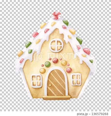 Christmas gingerbread house with candies watercolor illustration. Traditional holiday hand drawn glazed dessert in pastel beige, red and green colors. Festive winter cookie for Happy New Year designs 136579268