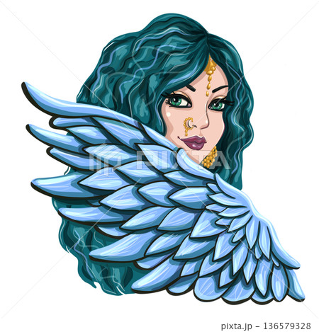 Fantasy Woman Portrait with Blue Feather Wings Illustration 136579328