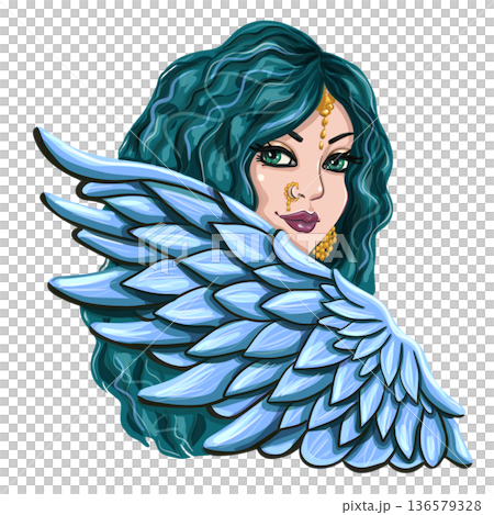 Fantasy Woman Portrait with Blue Feather Wings Illustration 136579328