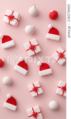 Minimalist Christmas flat lay with Santa hats, white gift boxes with red ribbons and festive baubles on soft pink background, modern holiday concept popular among American people 136579405