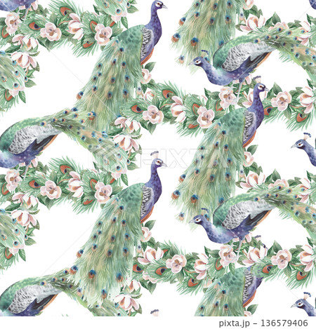 Seamless pattern of peacocks, the blooming magnolia and feathers. Handmade watercolor illustration. For cards, cover, wallpaper, prints, product labels and fabric. 136579406