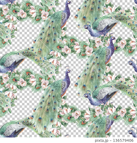 Seamless pattern of peacocks, the blooming magnolia and feathers. Handmade watercolor illustration. For cards, cover, wallpaper, prints, product labels and fabric. 136579406