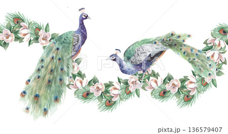 Seamless border of peacocks, the blooming magnolia and feathers. Handmade watercolor illustration. For cards, cover, wallpaper, prints, product labels and fabric. 136579407