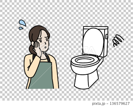 插圖描繪了一位家庭主婦正在處理堵塞或損壞的馬桶。 136579627